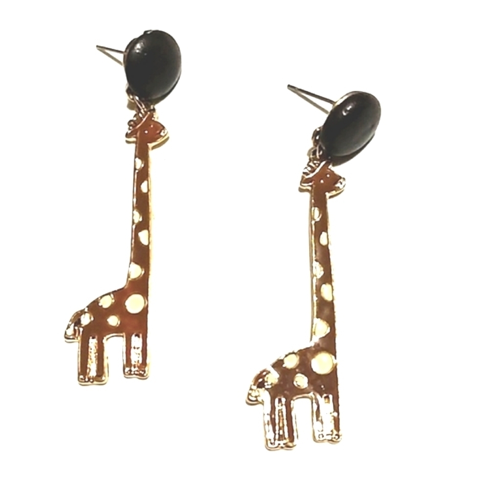 VINTAGE SILVER-TONE ENAMEL SPOTTED GIRAFFE BROWN LEATHER POST DROP 2.5" EARRINGS